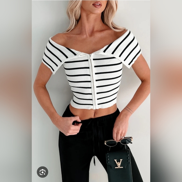 NanaMacs Black and White Striped Off-Shoulder Top - Picture 1 of 4